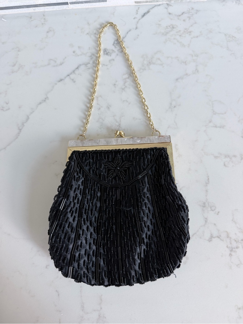 Vintage 1980’s Black Beaded Evening Shell Bag with Gold Chain and hinging clasp